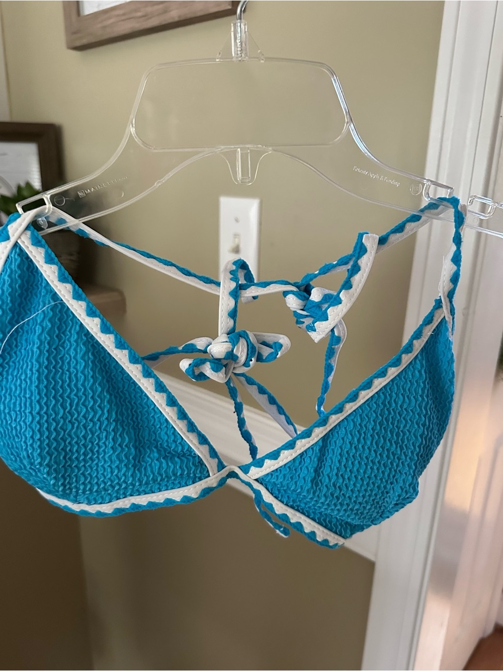 Turquoise Blue Triangle Bikini Top with White Trim
